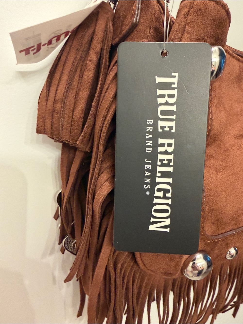 NWT-VIRAL True Religion Brown Suede Fringe Shoulder Bag with Stud Accents. - Picture 2 of 16